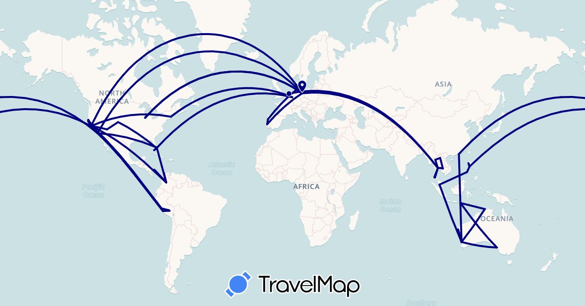 TravelMap itinerary: driving in Australia, China, Colombia, Germany, Indonesia, Iceland, Cambodia, Laos, Malaysia, Netherlands, Peru, Philippines, Portugal, Thailand, United States (Asia, Europe, North America, Oceania, South America)